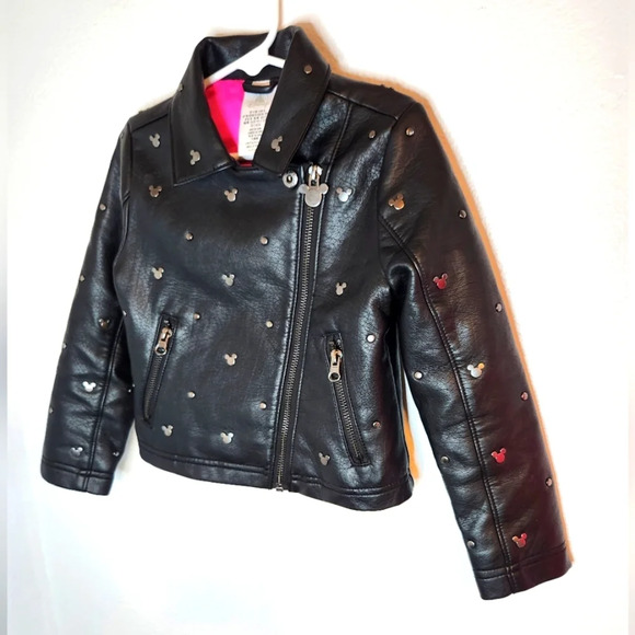 Disney Mickey Mouse Moto Faux Leather Jacket Pink Black 4T - Picture 1 of 8